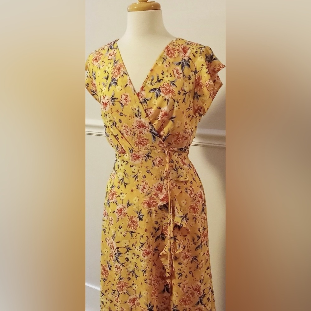 Yellow Floral Wrap midi Dress